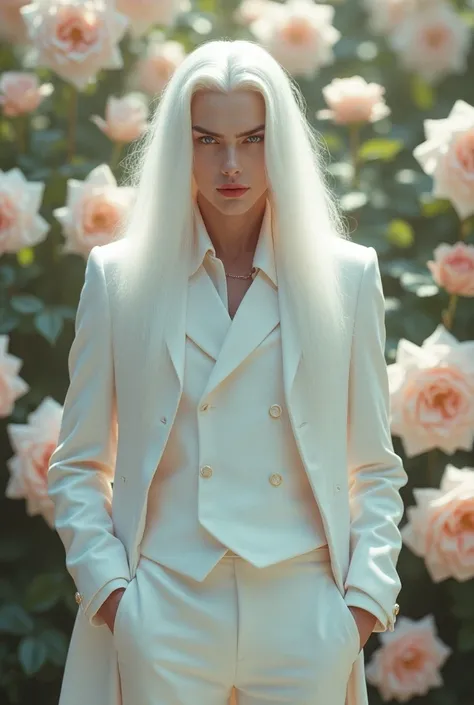 masterpiece, highest quality, approaching perfection, (perfect face:1.1), (high detail:1.1), dramatic, (1guy), pale skin, (long pure white hair:1.4), white eyes, Otto Seppalainen, solo, long hair, white luxury suit, covered navel, snob, albino, Luminous St...