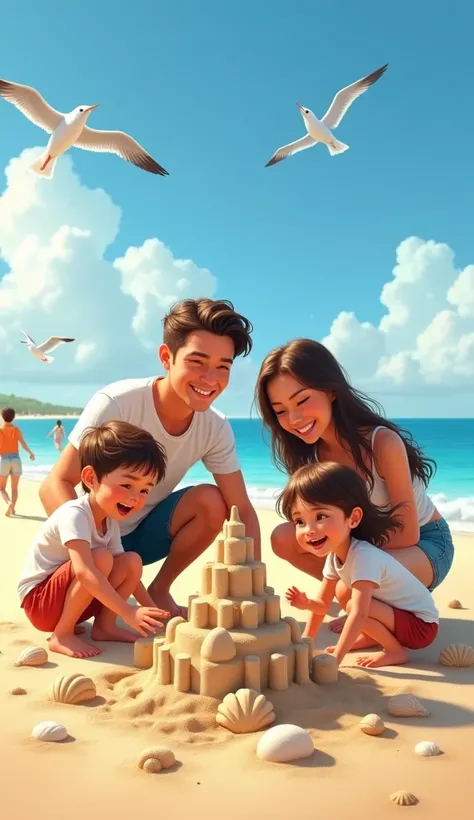 A family enjoying a beach vacation, s building sandcastles