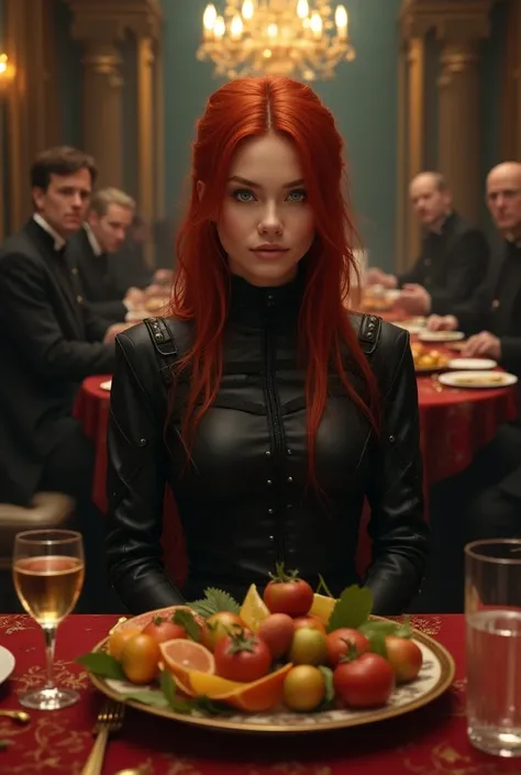  Create a beautiful red-haired woman with light blue eyes and a beautiful and delicate face , who has long, loose hair ,  who is dressed in a black combat outfit and is sitting in front of a table with plates of food and glasses and fruits as if it were a ...