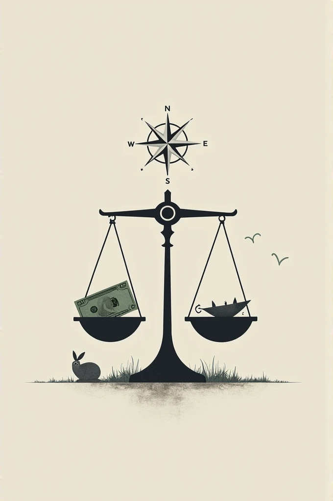 Minimalist image combining a scale with a compass and a dollar bill