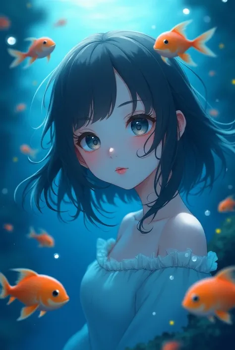 Create an anime-style artistic image in the water focusing on the face with surrounding fish and white and yellow lights