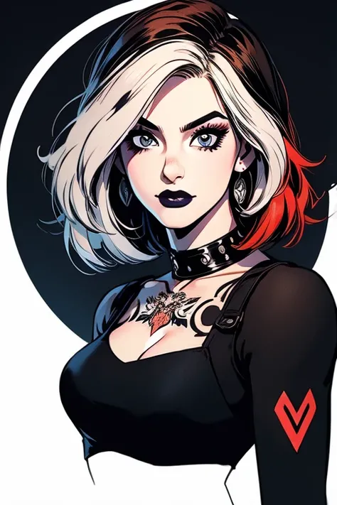 perfil portrait image of a woman with long light blond, streaked with red and black highlights and black curly hair, red eyes, she wears social clothes and have a lot of ((tattoos on her body)). She is smiling like a villain, with a moon tattooed on her fa...