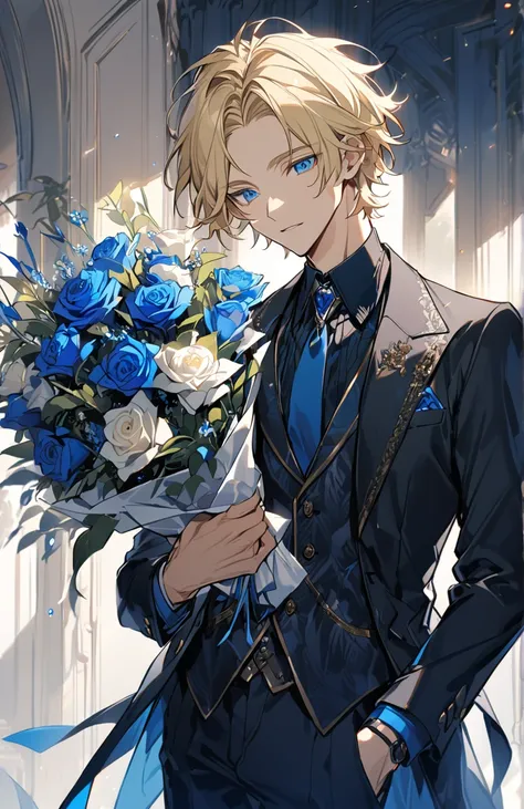  handsome, Alone, 1 person,  Blonde hair that sticks out your forehead , (( small blonde hair )), (( blue eyes)), 1 person,  handsome, male,  short hair ,   Details, My hair is messy, Cool look、Wearing a suit、Holding a bouquet of blue roses、 cowboy shot