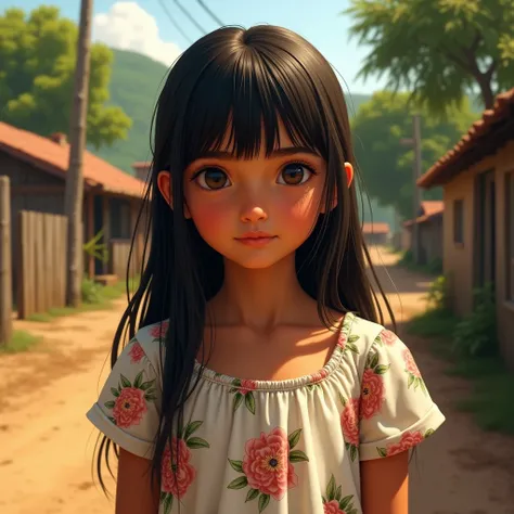 "A realistic portrait of a  girl from a small rural town in Bahia, Brazil. She has light-colored eyes with a soft, thoughtful expression, and her straight, dark hair falls naturally with a fringe gently covering her forehead. She’s dressed in a simple, flo...