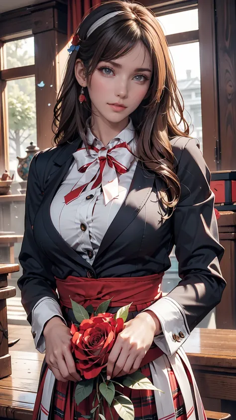  Brownish black hair  ,  dark eyes,  white skin,  face like a goose egg ,   vibeのある顔の特徴, Tall, Confident、Powerful,  tightened and plump,  high school girl,  school uniform , Curly Hair, Hair Bun, With hairpin, Red Rose, Blue Butterfly, White Rabbit,  sign,...