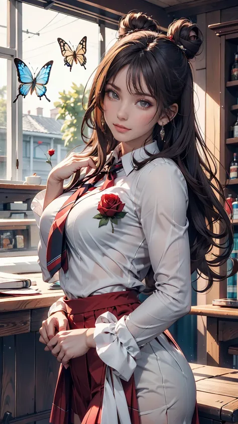  Brownish black hair  ,  dark eyes,  white skin,  face like a goose egg ,   vibeのある顔の特徴, Tall, Confident、Powerful,  tightened and plump,  high school girl,  school uniform , Curly Hair, Hair Bun, With hairpin, Red Rose, Blue Butterfly, White Rabbit,  sign,...