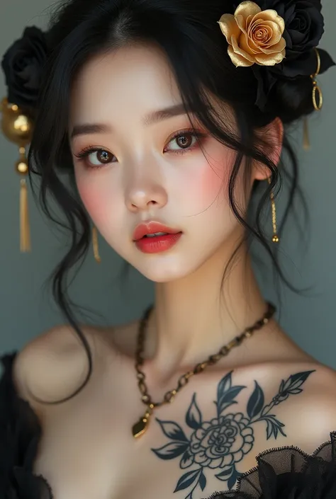 "She has a tattoo above her breast with the word "Phubeth."

A close up of a Asian woman with a gold rose in her hair, black roses in hair, artwork in the style of guweiz, ulzzang, inspired by Yanjun Cheng, guweiz, jinyoung shin, inspired by Jin Nong, real...