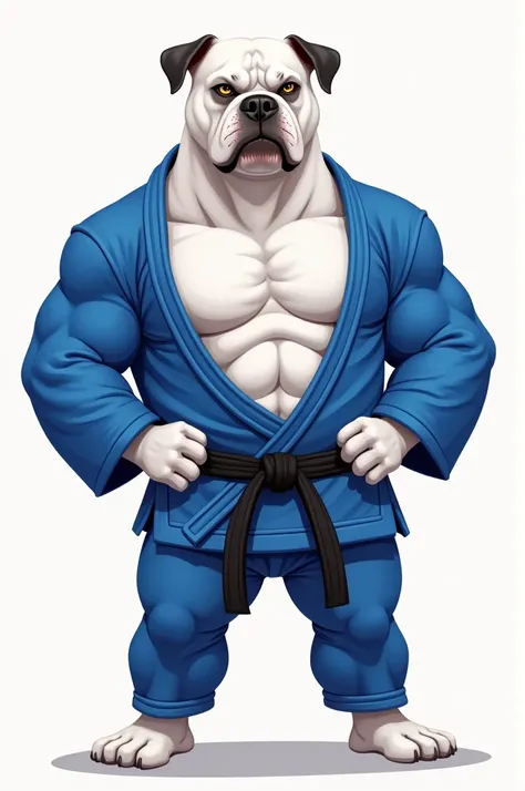 Cartoon of an all-white boxer muscular dog with nothing black in a blue jiu-jitsu kimono and a black belt with a bad face