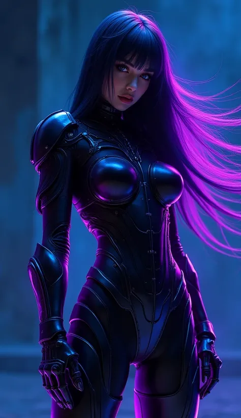 Bautifull Sexy Turkish women wearing Simple Dark Futuristic Tactical Glow Gothic Cyber Punk Battle Suit Electric Robot Warrior Armor. Perfect boob. Sexy Muscle body. Long Purple glow flowing black hair blowing in the wind. No Crown. Tilt dark Blue Purple N...