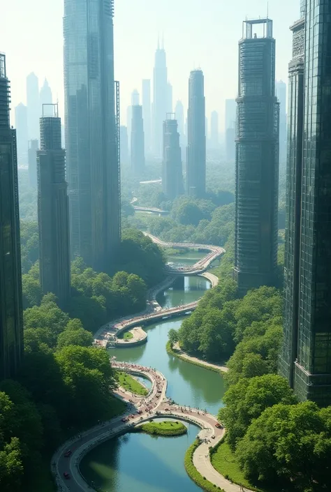  an aerial view of a futuristic city block，Realistic sci-fi ， futuristic simple glass curtain wall super high-rise buildings arranged neatly， ground forest grass and small lake ，Three-dimensional elevated traffic ，Multiple small flying cars shuttle through...