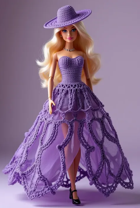  A beautiful Barbie doll dressed as a princess the dress is in purple crochet.She wears a hat ,  and a black shoe 