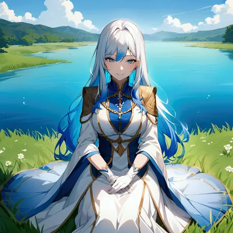  Nature background, riverside background, noble clothes, white glove, glove, 1woman, solo, white and blue hair, white hair, blue hair, gradient hair, white hair with a bit of blue, long hair, shining hair, medium-large breast, facing viewer, sitting on a p...