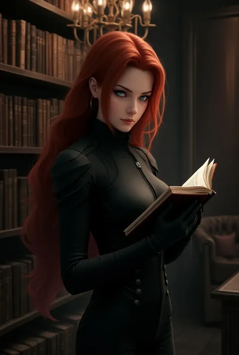  Create a beautiful red-haired woman with light blue eyes and a beautiful and delicate face , that she is dressed in a black combat outfit,  that you are standing in front of a large bookcase and holding a book , That you are reading it ,  in the backgroun...