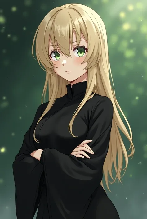 Undead Unluck anime universe, anime woman, wears a (wearing the black jujutsu sorcerer uniform been the jujutsu kaisen anime), long pale blonde hair , beautiful big pale green eyes, long dark eyelashes, short, petite, curvy hips, big boobs, arms crossed ov...