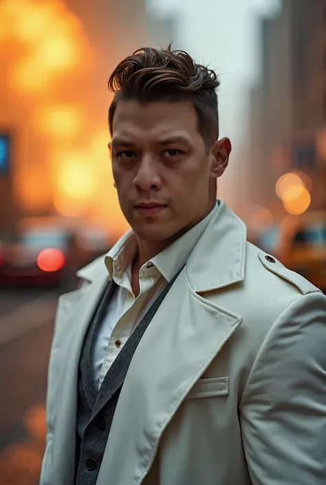 Photo taken with leica m9 50mm 1.2, beautiful background bokeh, burning cityscape in the background, Manly and Majestic muscular young man wearing a badass white suit and trenchcoat, rough and rugged allure, soulful and alluring eyes, short layered Mohawk,...