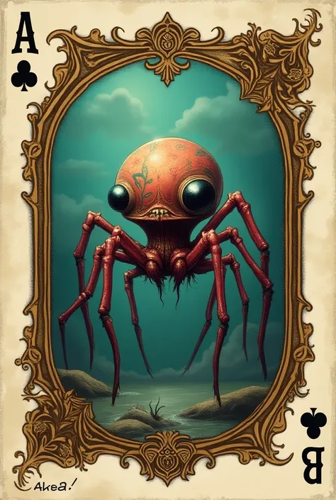 Generate a game style card ,  where the character is a sea spider which is in a box ,  below it you must have your name and your name , The word "ask"