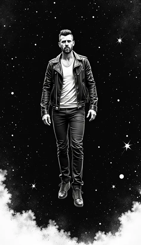 The image is a black and white line drawing showing a handsome rocker, buzz cut, beard, glasses, black leather outfit, suspended in the air, floating like an astronaut in a dark three-dimensional space full of stars, full body.  Surprisingly, the artwork f...