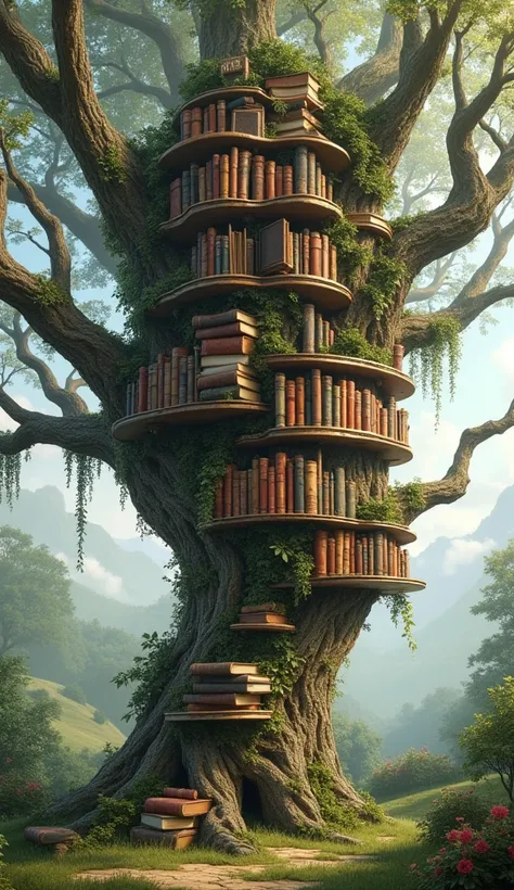 Give me an image of a tree with several branches and each branch has several books as if it were a bookcase or library