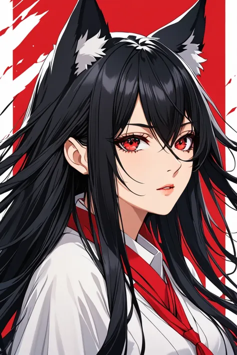 female with long black hair, wolf ears, red eyes