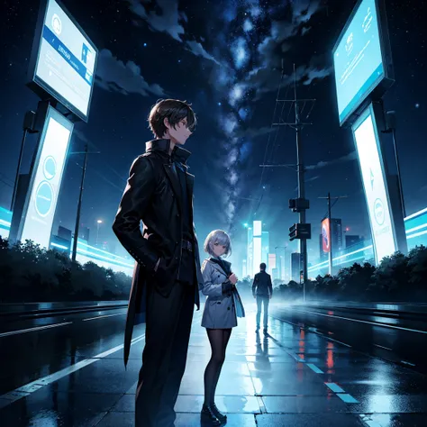 ((masterpiece)), best quality, 8K,A silhouette of a man and woman standing next to a futuristic time machine, a sleek, silver car with glowing blue lights. They are standing on a deserted highway at night, surrounded by a dense fog. The womans hand is gent...