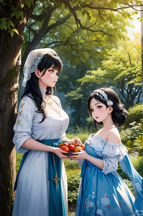 snow white、Beautiful ,  plump lips, Perfect line drawing of 1 woman with exquisite gorgeous faces posing 、snow white, Front view, cosplay snow white, 4K images,  holding apples , snow white, Skin Radiance、Skin and clothing texture、Beautiful eye expression、...