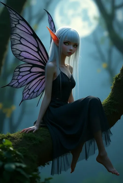 A seductive dark fairy with whimsical traces, vivid green eyes, pale skin, white soft hair, elf ears, wearing a simple dark dress, with shimmering wings with tones of purple and black transluscent colors, bare foot, sitting on a mossy tree branch, moonlit ...