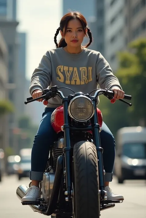 a beautiful, chubby Indonesian woman, hair in two pigtails, wearing a sweater that says SYARI with cool gold writing, trousers, white sneakers, riding a classic modified Norton motorbike in black and red with big tires, shiny, in a city in Tokyo, sunny wea...