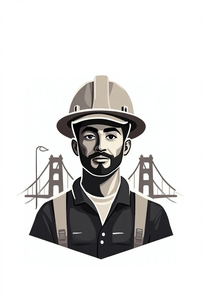 create a logo with a construction worker blend the San Francisco bridge silhouette white background 