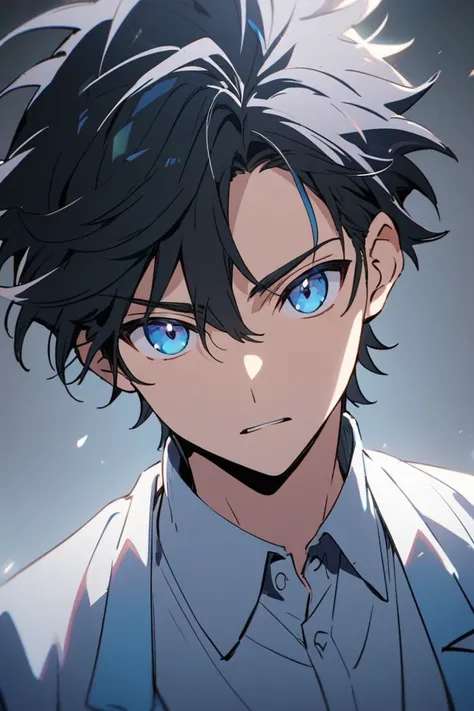 Male Anime Characters, Black Hair, Blue, Blue Eyes, Mixed Light Blue, Wearing School Male School Uniform.Black Japanese Tip,See half of the body,Act friendly,