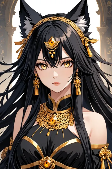 female with long black hair, wolf ears, gold eyes