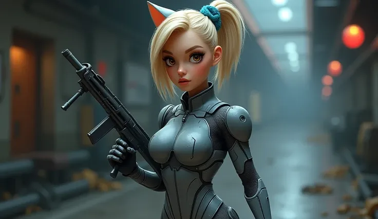 Pixar, beautiful woman, swedish, classy, short blonde with ponytail with a blue ribbon, dressed in grey space suit armour, holding a space rifle, kitten ears, Amber Eyes, Naughty, walking away from camera, High Resolution, Anatomically Correct, Pixar, 3d,c...