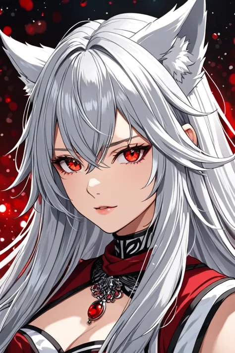 female with long silver hair, wolf ears, red eyes