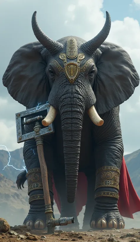 Create a hybrid fusion from this context. A giant and imposing elephant with a winged helmet like Thors and wielding a rectangular ax like Thors, medium and heavy that fits in his hands. His fangs crackle with lightning, and he has a red cape flowing down ...