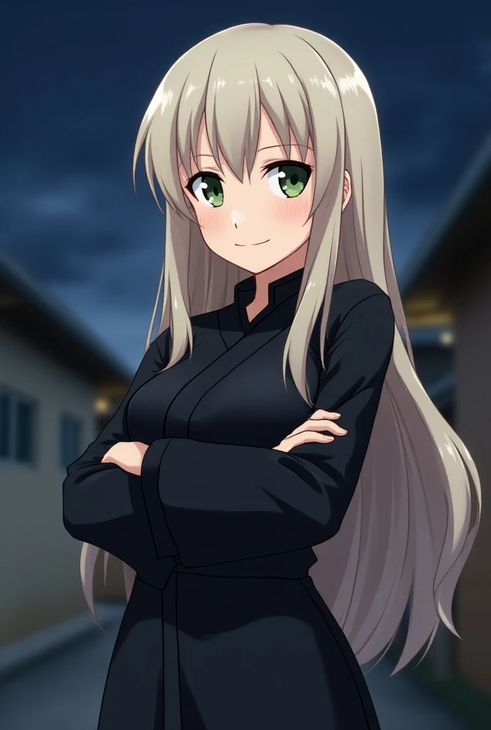 anime woman, wears a (wearing the black jujutsu sorcerer uniform been the jujutsu kaisen anime), long pale blonde hair , beautiful big pale green eyes, long dark eyelashes, short, petite, curvy hips, big boobs, arms crossed over chest, cute, smirking, beau...