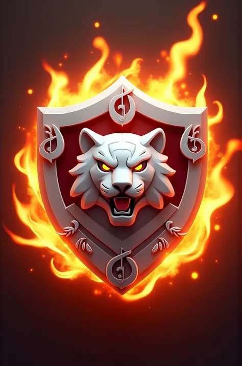 The 3d logo with the inscription “JASOEN” wears a white tiger mascot inside the shield with musical tone decoration and a blazing fire baground