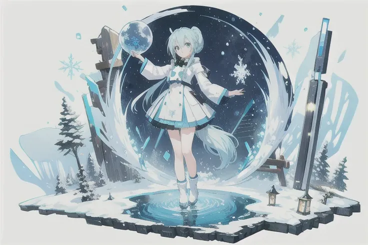 · Hatsune Miku · Light Blue Long Tail · Smiling · Light Blue Long Sleeve Dress · Holding a Snow Globe · In the Winter Forest · On a Frozen Lake · Deep Night · Full Moon · Top Quality