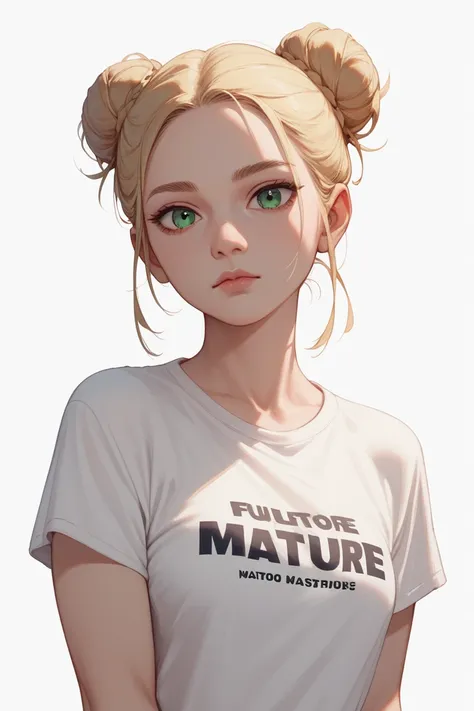 1woman, blonde bun hair, green eyes, wearing t-shirt, white as background, in her 20s, absurdres, high res, ultrasharp, 8K, masterpiece, looking at viewer