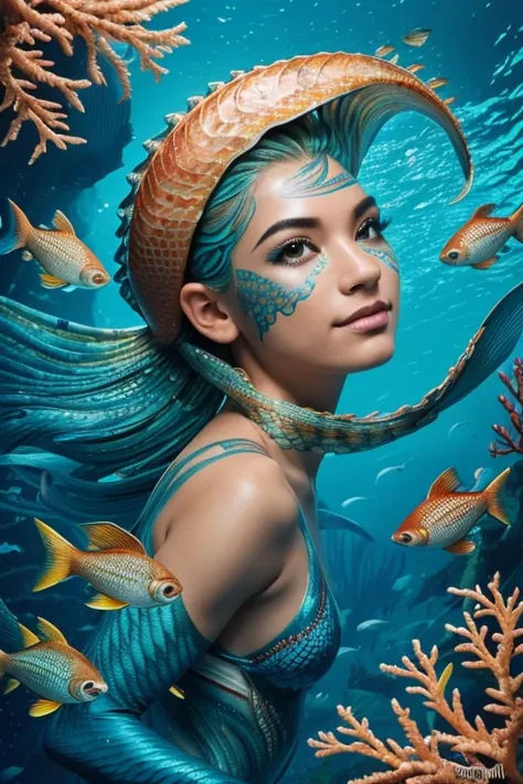 A fusion of human and fish,only animal,humanbody,fishface,humanfish(((8ｋ,Best Quality,))), accurate,  has won numerous awards, Best Quality,  detail, High detail, far and near method, face of human,scales,scale,swimming,scales,skin of fish,Fish and human s...