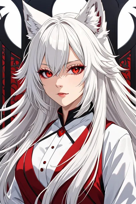 female with long white hair, wolf ears, red eyes