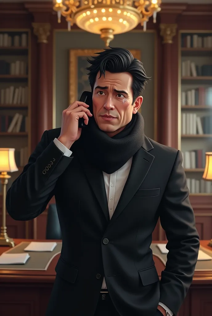 a businessman was in his office receiving a call on his phone and then surprised by the news 
he wears a black suit, a white shirt, a black scarf, white skin, black hair and black eyes. his hair is a hairstyle. he is shocked by this news and then he is sto