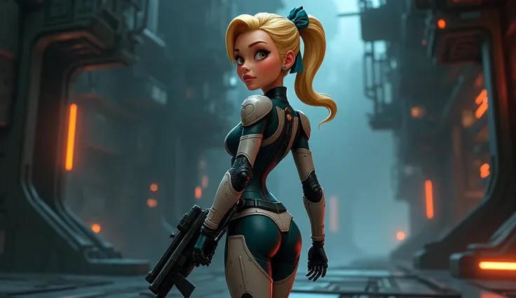 Pixar, beautiful woman, swedish, classy, short blonde with ponytail with a blue ribbon, dressed in grey space suit armour, holding a space rifle, Amber Eyes, Naughty, walking away from camera, High Resolution, Anatomically Correct, Pixar, 3d,cartoon, looki...