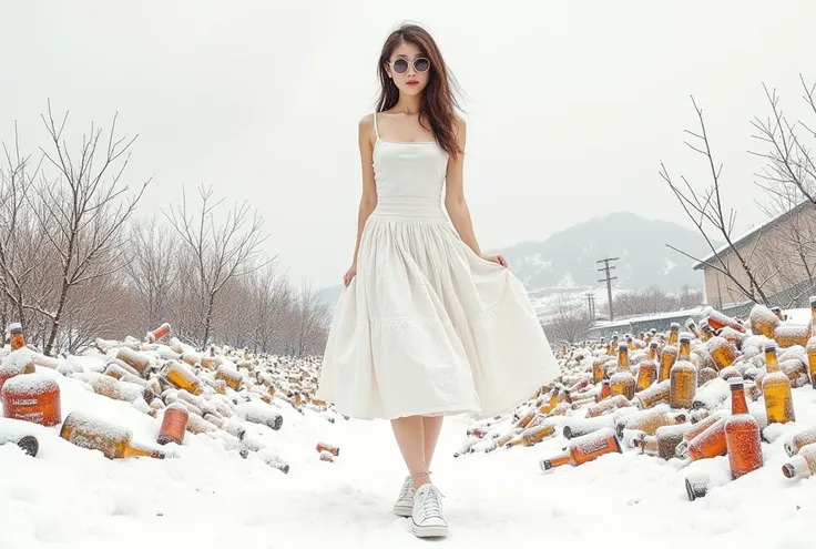 Sketch reinforcement, sketching, colored pencil drawing, intensify pencil strokes, Oriental beautiful girl, Wearing a white camisole, Wearing a a-line full circle long skirt knee length covered the legs,Wearing white converse sneaker, half body inside snow...