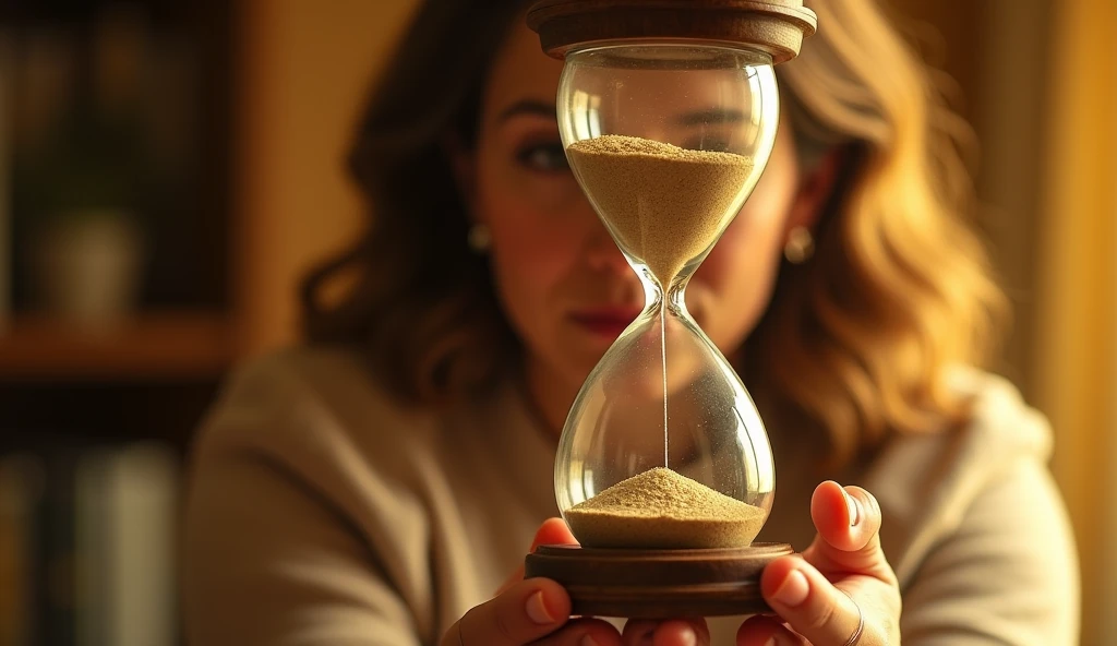 
"ULTRA-REALISTIC IMAGE OF A WOMAN HOLDING A HUGE hourglass with almost all the sand accumulated at the bottom,  with only a few grains left falling ,  symbolizing time running out . The hourglass is highlighted ,  in a GOLDEN environment with lighting tha...