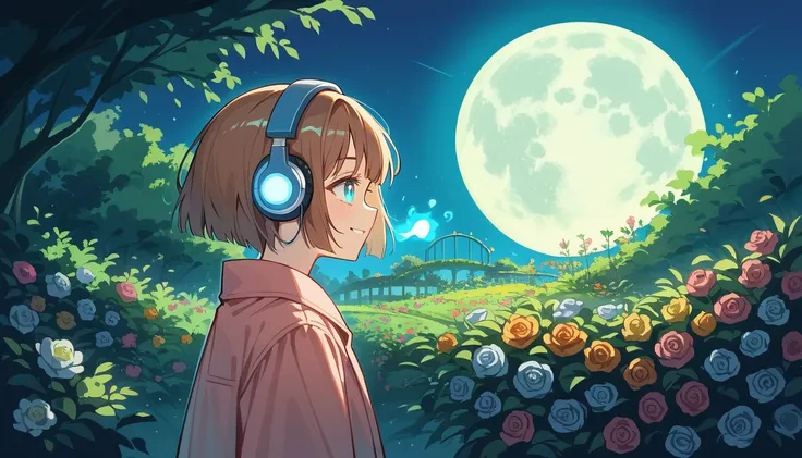 background：Small garden brightly illuminated by the moon 。 expression：Gentle smile。 Costume： wearing a coat over pajamas 。 Pose：Standing in the garden、 Looking up at the night sky 。 scene： Time to take a deep breath and relax in the garden shrouded in moon...