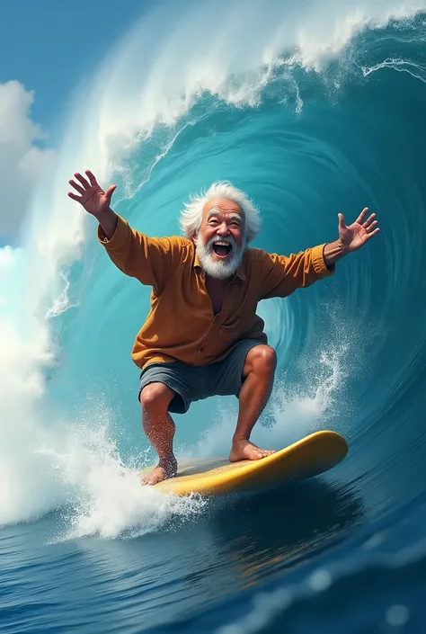 old grandpa, surfing, big wave, happy, laughing, lifting buffalo
