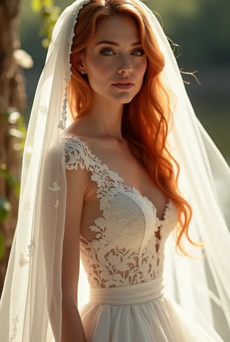 Long straight haired red-haired bride with white dress and veil