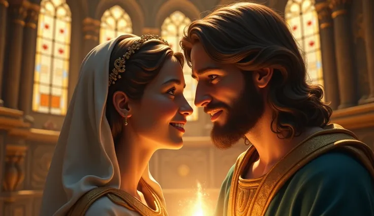 mary and jesus smiling, detailed face, detailed eyes, detailed lips, detailed skin, detailed clothing, detailed background, heavenly light, glowing aura, religious, spiritual, sacred, cathedral, stained glass windows, ornate architecture, golden accents, d...