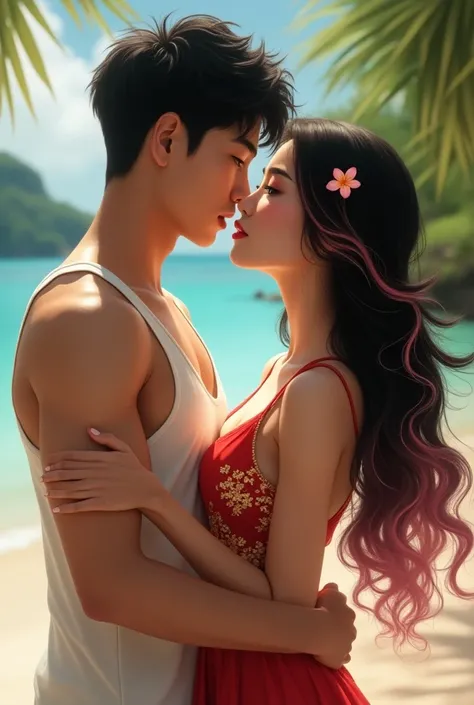 The night 18 year old non-Asian, Of black hair with large tips straight , his defined jaw ,Your skin is light brown ,  his eyes are bright blue , his lips are pink , Your body is muscular, And white tank top ,  kissing 24-year-old Korean woman long wavy ha...