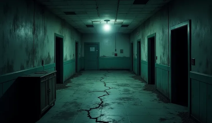 Prompt:
"The dark, abandoned hospital lobby at night, with cracked tiles on the floor, broken furniture, and faint, eerie shadows. An old reception desk sits to one side, covered in dust and cobwebs. The light from a single, flickering bulb above casts an ...