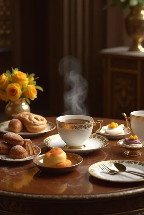 A palace table , with a luxury breakfast with beautiful art deco tableware and small pastries, and a steaming cup of coffee  